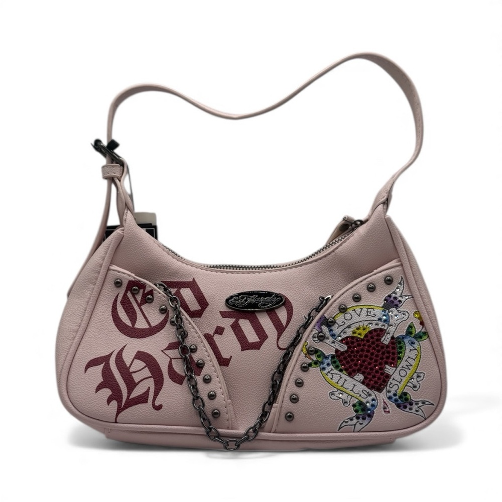 Ed Hardy Light Pink Shoulder Bag with Embroidery